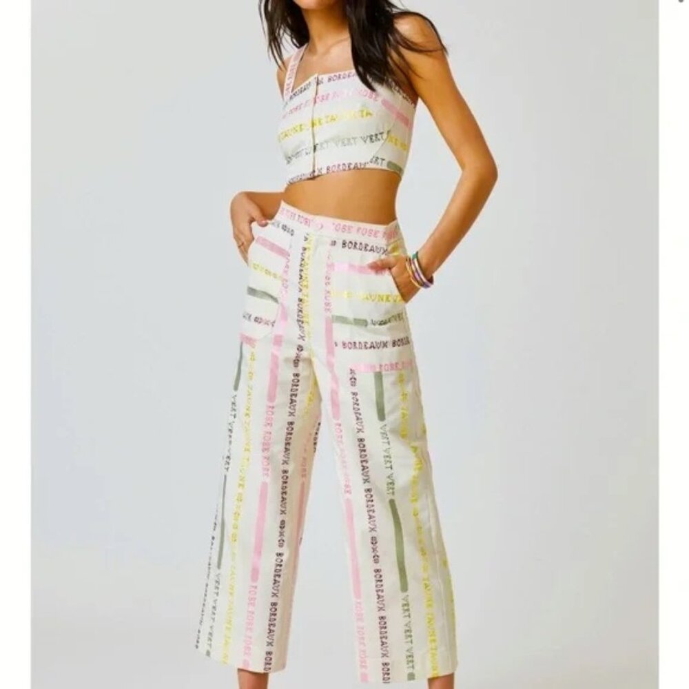 Anthropologie two piece pant and crop top set with French color name fabric